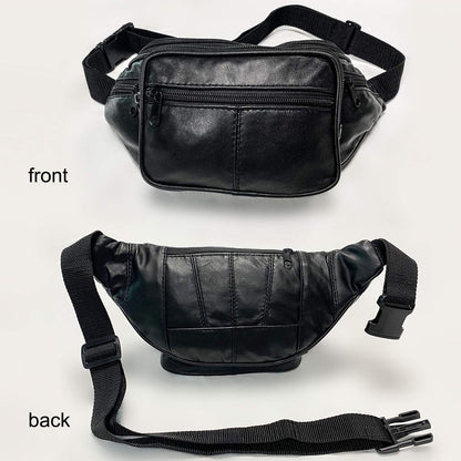 Leather Fanny Pack Travel Waist Bag for Man Women Unisex Hiking Travel Sport Running Cycling with Adjustable Belt Black