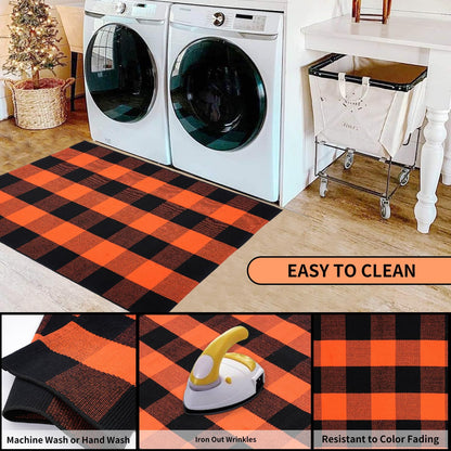 PIXFAIRY Cotton Orange and Black Plaid Rug - 27.5 x 43 Inches, Hand-Woven Indoor/Outdoor Layered Cotton Blend Buffalo Plaid Rug, Washable Front Door Mat, Perfect for Porch, Living Room, Entryway