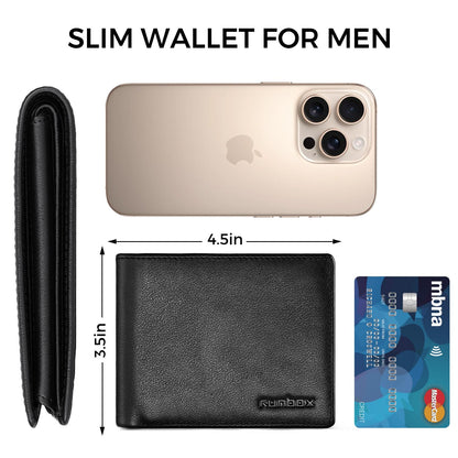 RUNBOX Leather Wallet for Men, Genuine Leather Mens Wallet Bifold Rfid Blocking with 12 Cards and 2 ID Windows, Minimalist Wallet for Men with Gift Box