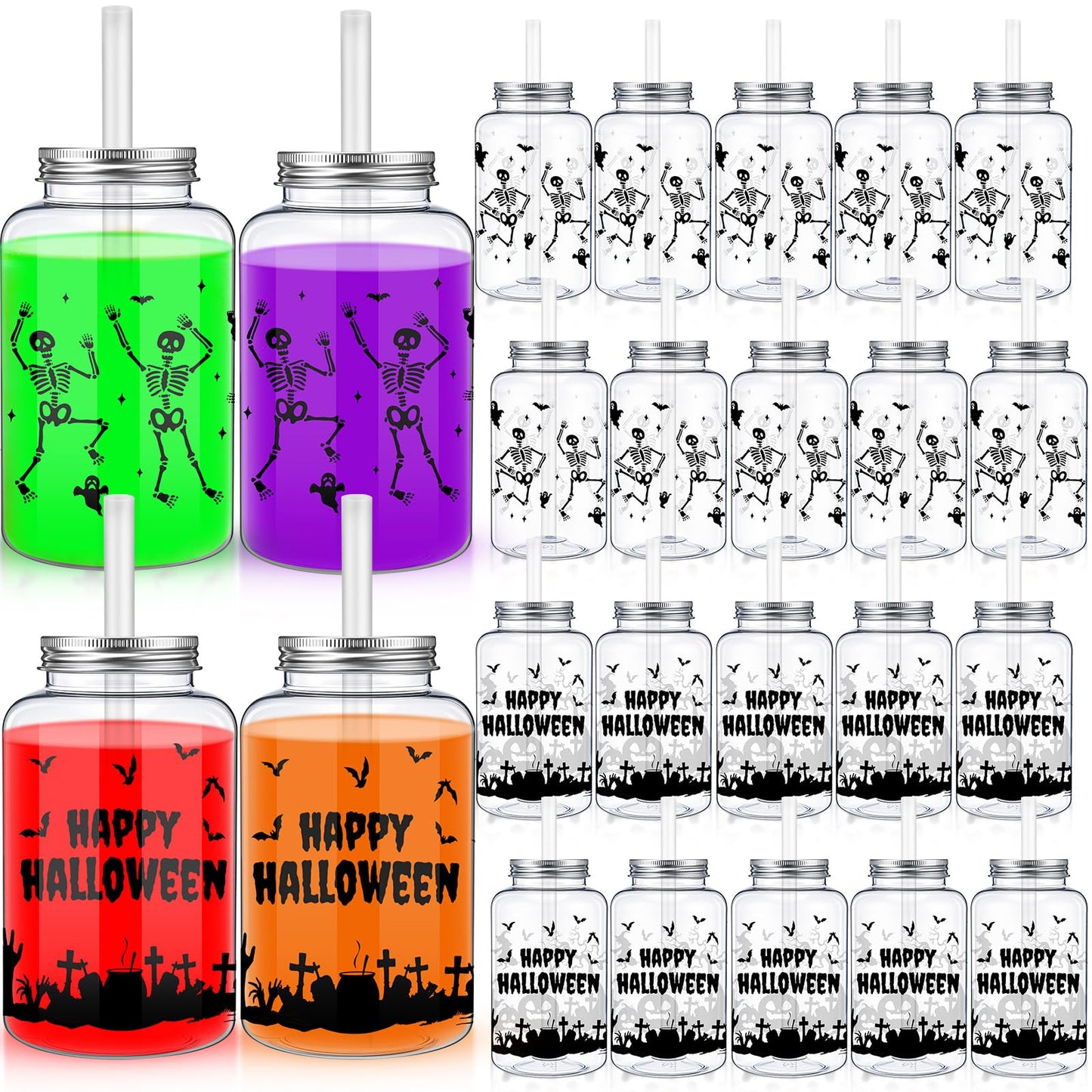 Yetene 20 Pack Halloween Skeleton Cups Reusable Skull Cup Gifts 16 oz Printed Cemetery Cup with Lids Straws Halloween Happy Plastic Tumbler Clear Drinking Jars for Party Favor Birthday Celebration