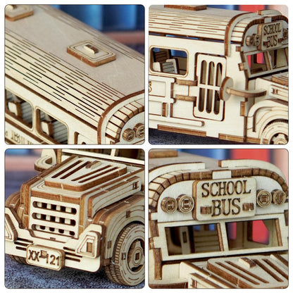 Foyucool 3D Wooden Puzzle for Adults, DIY Creative School Bus Design Model Kit, Creative Assembly Model Building Kits to Build for Adults, DIY Assembly Puzzle for Christmas Day
