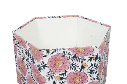 3.3 Gallon Cotton Hand Block Printed Paper Waste Basket |Small Decorative Trash Can for Housewarming Gifts in Living Room, Bedroom, Bathroom | Eco-Friendly, Plastic-Free (1, Green Pink Sun FLOWAR)