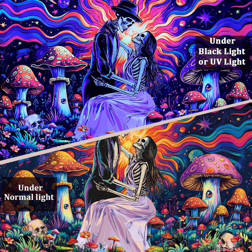Heopapin Blacklight Skull Tapestry UV Reactive Neon Mushroom Wall Hanging Fantasy Galaxy Space Tapestries Skeleton Lovers Plants Floral Tapestry for Bedroom 59.1L x 51.2W