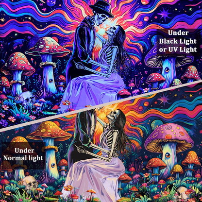Heopapin Blacklight Skull Tapestry UV Reactive Neon Mushroom Wall Hanging Fantasy Galaxy Space Tapestries Skeleton Lovers Plants Floral Tapestry for Bedroom 59.1L x 51.2W