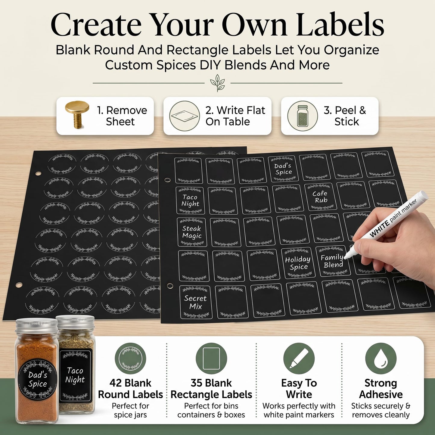 665 Spice Labels Book with A-Z Index, Black Round Pantry Stickers
