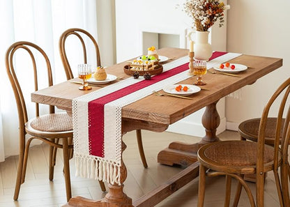 FEXIA 4th of July Table Runner for Home Decor with Tassels 72 Inches Long Farmhouse Red Rustic Boho Table Runner Macrame Burlap Table Decoration for Living Room Bridal Shower(12x72 Inches)