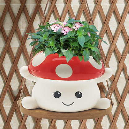 MAKGEWI Mushroom Swing Hanging Planter, Cute Ceramic Face Planter for Indoor & Outdoor, Whimsical Decor for Succulents & String of Pearls, Small Hanging Pot for Home Garden
