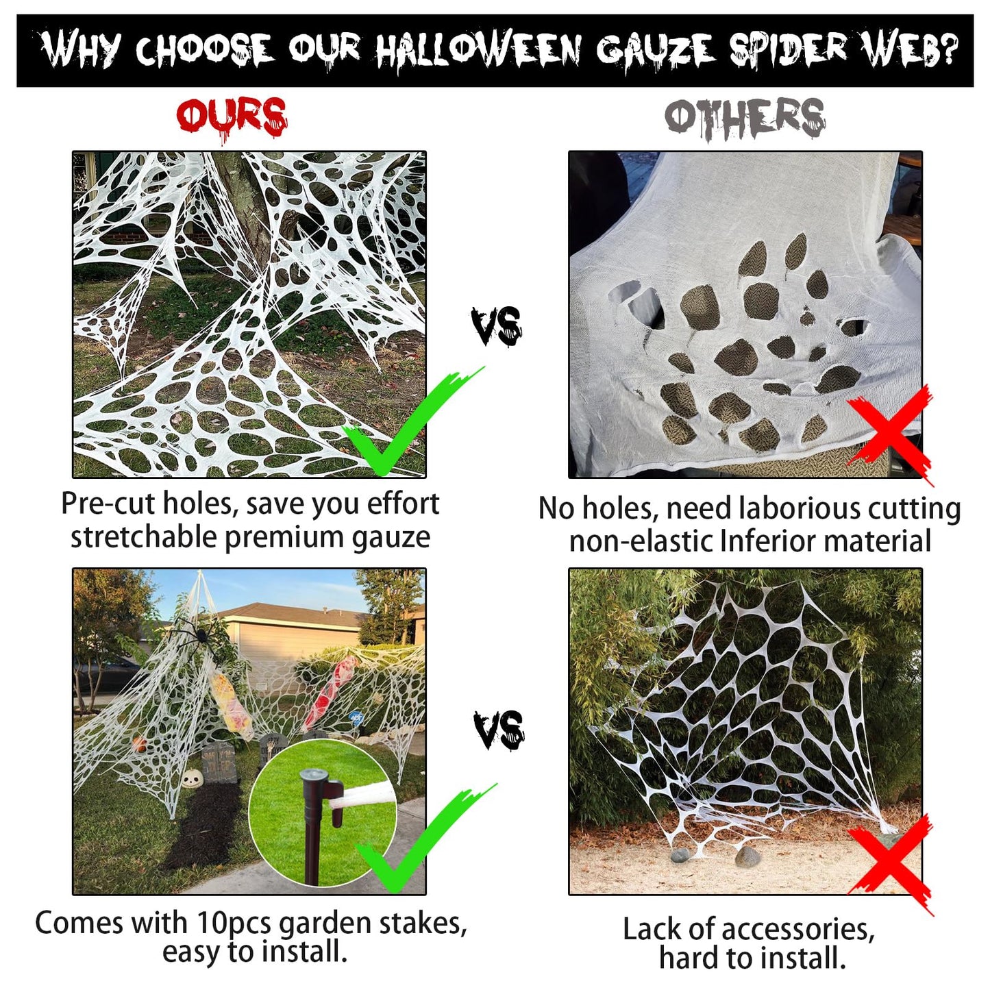 CESOF 2 Pack Giant Spider Web Halloween Decorations Outdoor, Pre-Cut Beef Netting Spiderwebs Super Stretchy DIY Spider Webbing with Stakes, Gauze Cobwebs for Haunted House Yard Garden Home Party Decor