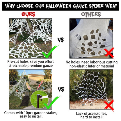 CESOF 2 Pack Giant Spider Web Halloween Decorations Outdoor, Pre-Cut Beef Netting Spiderwebs Super Stretchy DIY Spider Webbing with Stakes, Gauze Cobwebs for Haunted House Yard Garden Home Party Decor