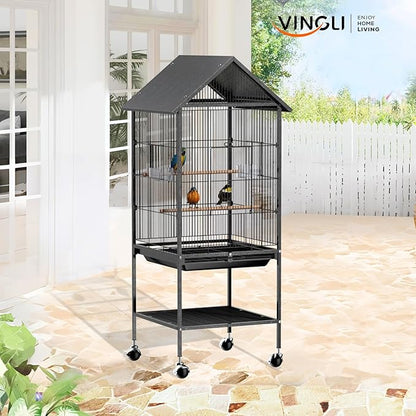 VINGLI Bird Cage, 50 inch Wrought Iron Bird Cage with Handle for Parakeets, Parrot, Lovebirds, Finches, Small/Medium Birds (50" with Wheels)