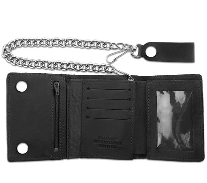 RFID Blocking Men's Tri-fold Vintage Biker Cowhide Leather Steel Chain Wallet,Snap closure, Made In USA,tc315-solid black