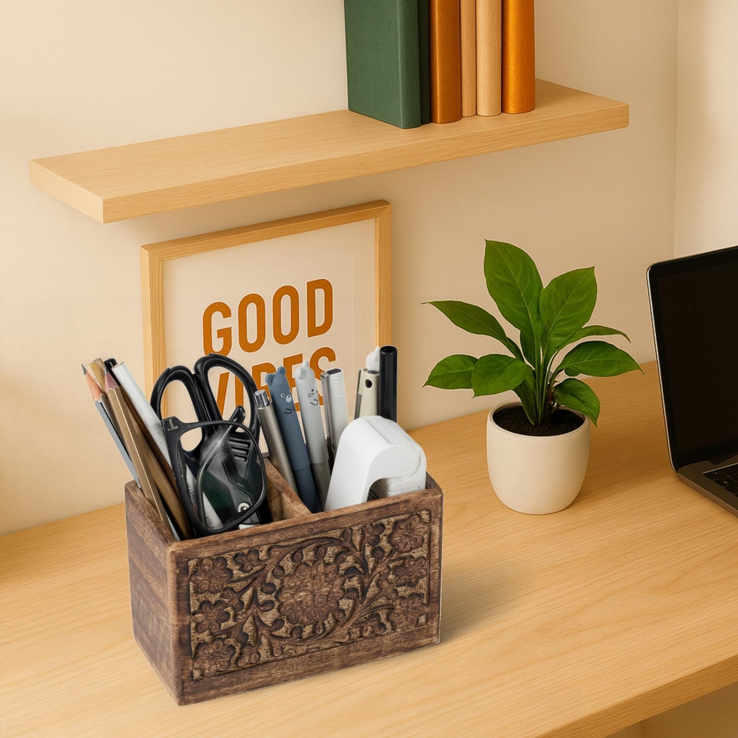 Mie Creations 2 Slot Rustic Pencil Holder Pen Stand for Desk Organizer | Handcarved Wooden Pen Holder for Desktop Table, Wood Office Accessories | Multipurpose School Stationery Craft Supplies 6''
