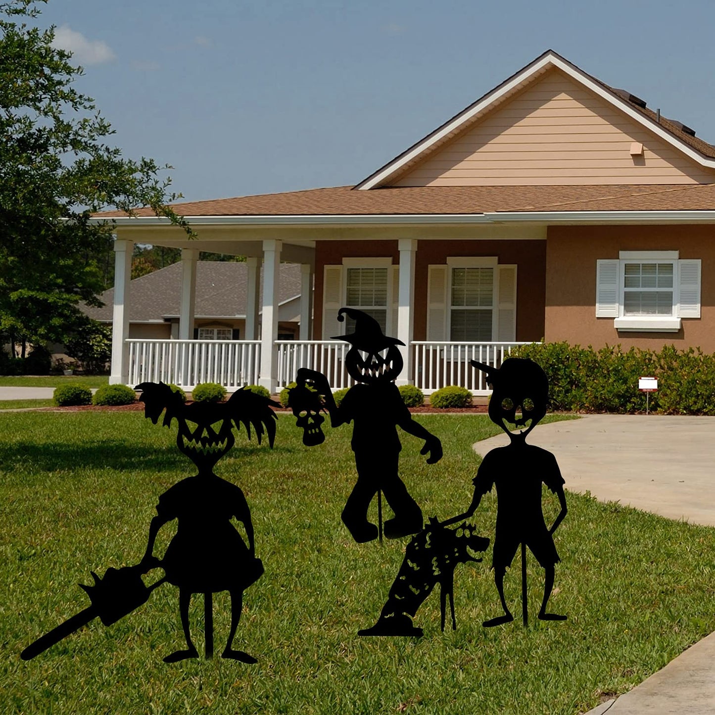 RSTYS 4Pcs Halloween Yard Decor, Black Metal Garden Outdoor Statues Garden Stakes Handicrafts Ghost Zombie Girl Station Halloween Garden Silhouette for Yard Lawn Ornaments Decor