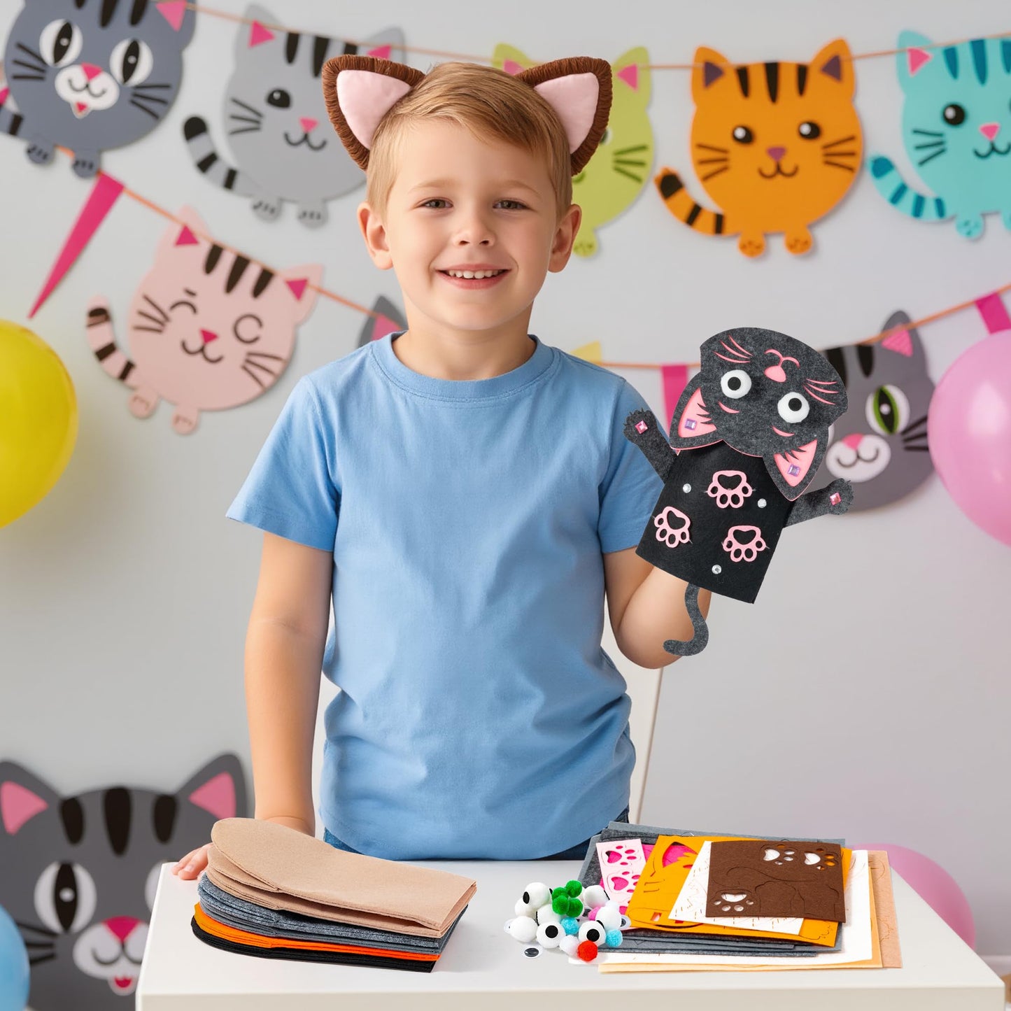 WATINC 6Pcs Hand Puppet Making Kit, Art Craft Felt Sock Puppet Toys, Creative DIY Make Your Own Pompoms Wiggle Googly Eyes Storytelling Role Play Party Supplies Gift for Girls Boys (Cat A)