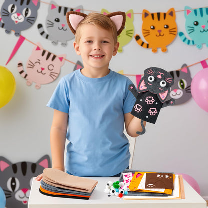 WATINC 6Pcs Hand Puppet Making Kit, Art Craft Felt Sock Puppet Toys, Creative DIY Make Your Own Pompoms Wiggle Googly Eyes Storytelling Role Play Party Supplies Gift for Girls Boys (Cat A)