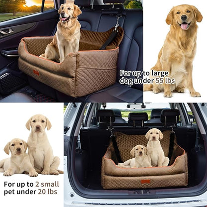 Dog Car Seat for Large/Medium Dogs - Memory Foam Dog Booster Seat for Under 55Lbs or 2 Small Dogs-Detachable and Washable Travel Bed with Thick Cushion and Storage Pockets-Brown
