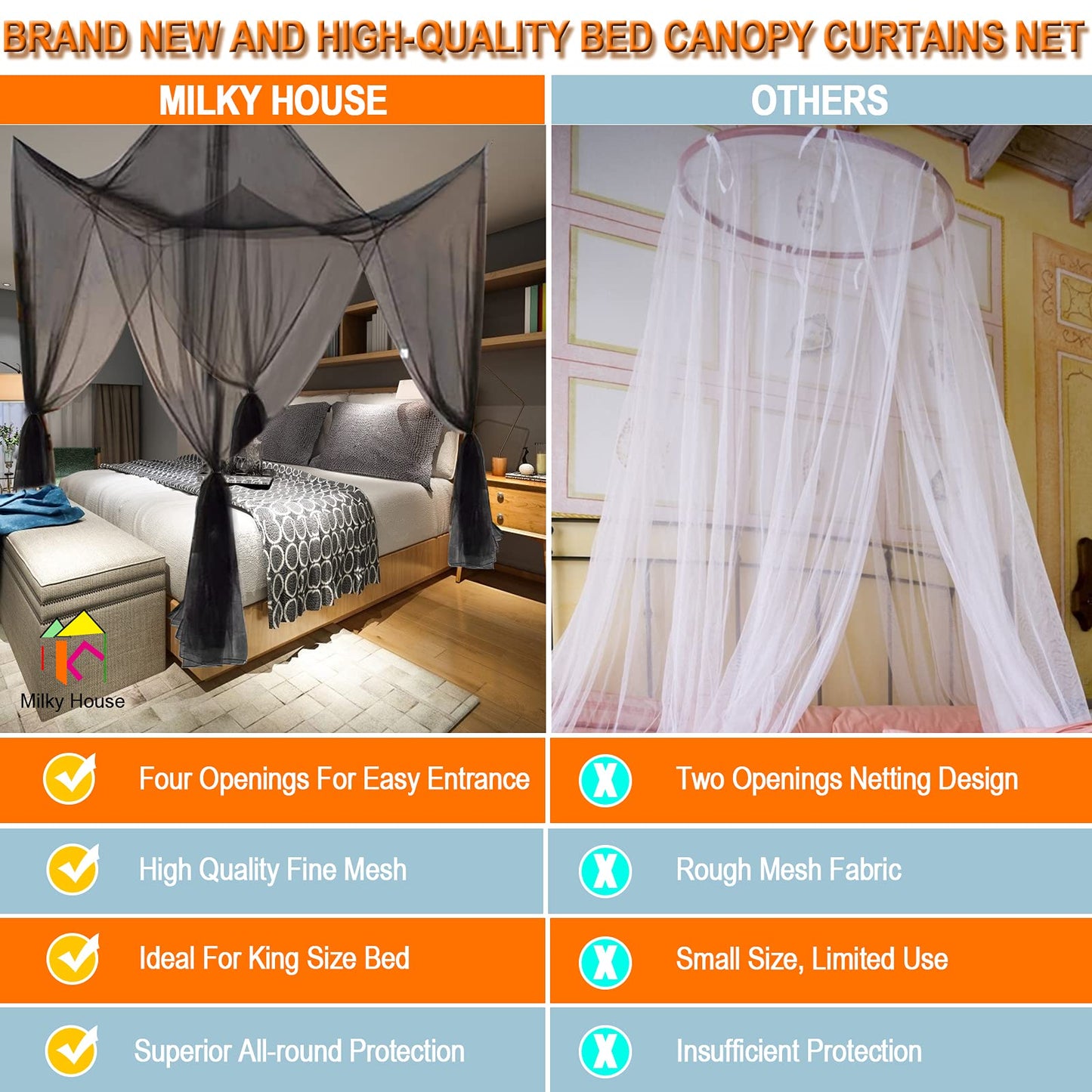 Mesh Bed Canopy Black Canopy Bed Frame Queen Canopy Bed Tents for Girls Canopy Poles for Toddler Bed, King Twin Full Size Canopy Bed for Adults Bedroom Kids Room Camping Lights Screen Netting Curtains