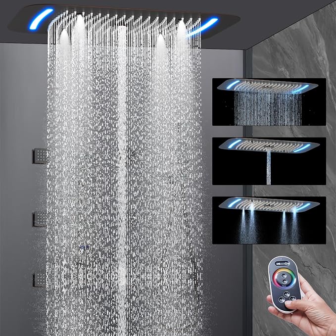 AYIVG Oil Rubbed Bronze Thermostatic Rainfall Shower Mixer System Set 16 x 26 Inch Full Body Shower Jets System 64 Color LED Shower Faucets Sets Complete Temperature Display Shower System Set