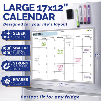 Monthly Magnetic Calendar for Refrigerator - 17x12” Stain-Resistant Dry Erase Fridge Calendar Whiteboard with Large Writing Space for Schedules, Chores & Meals - With 4 Markers & Eraser - Sunday Start