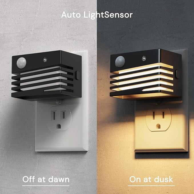 L LOHAS LED Motion Sensor Night Lights, [2 Pack] Dimmable Night Light Plug into Wall with Dusk-to-Dawn Sensor, Adjustable Brightness, 3000K Plug in Nightlight for Bedroom Bathroom Hallway (Black)