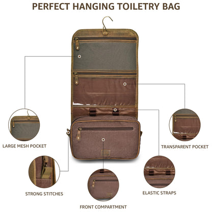 LEATHER VILLAGE Hanging Genuine Leather Toiletry Bag for Men – Handcrafted Vintage Travel Dopp Kit with Waterproof Lining, Shaving Organizer and Shower Bathroom Essentials Case - Mud