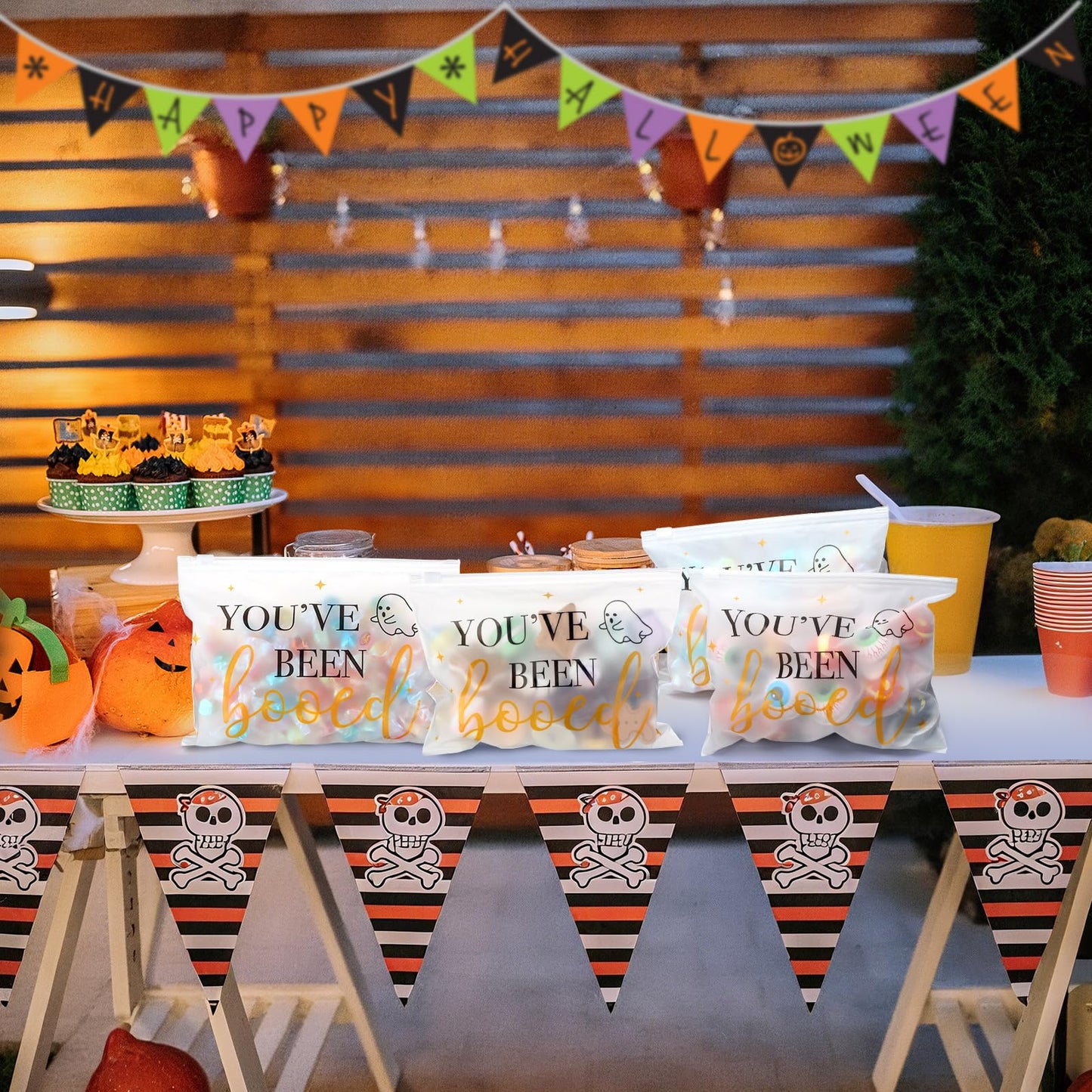 100 Pcs Halloween Makeup Cosmetic Bag Bulk PVC You Have Been Booed Bag Halloween Boo Basket Stuffer Item Ghost Party Favor Toiletry Travel Pouch with Zipper for Candy Goodie Birthday Gift Accessory