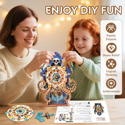 3D Puzzles for Adults Wooden Clock-Octopus Pirate Model Kit, Mechanical DIY Pendulum Clock with Roman Numerals-Home Wall Decor, Birthday Christmas Day Gift for DIY Lovers