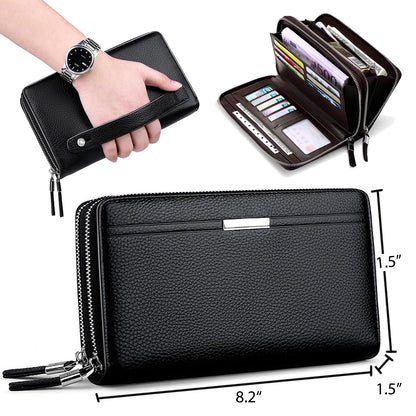 Long Wallet for Men with 12 Card Slots, Waterproof Leather Zipper Wallets for Men, Travle Wallet Clutch Men for Phone Cash and Card, Gift for Father Son Husband Boyfriend (Black)