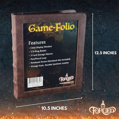 Forged Dice Co. Game-Folio PU Leather Portfolio Binder - Gaming Binder for DND Character Sheets with DND Spell Cards Organizer and Clear Front Pocket - Compatible with Dungeons and Dragons RPG - Brown