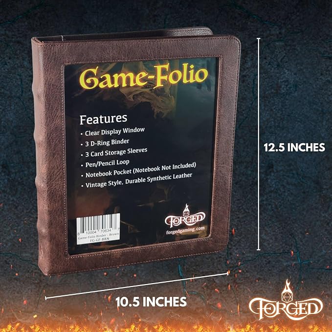 Forged Dice Co. Game-Folio PU Leather Portfolio Binder - Gaming Binder for DND Character Sheets with DND Spell Cards Organizer and Clear Front Pocket - Compatible with Dungeons and Dragons RPG Pewter