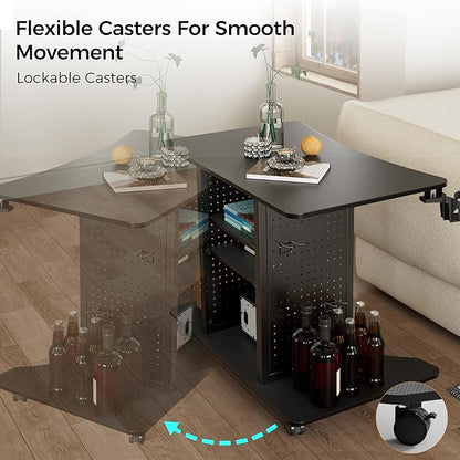 EUREKA ERGONOMIC Gaming Desk Computer, 37" Rolling Desk on Wheels for Small Space, Mobile Computer Cart with Pegboards Adjustable Shelves for Gaming PS Switch Home Office - Black