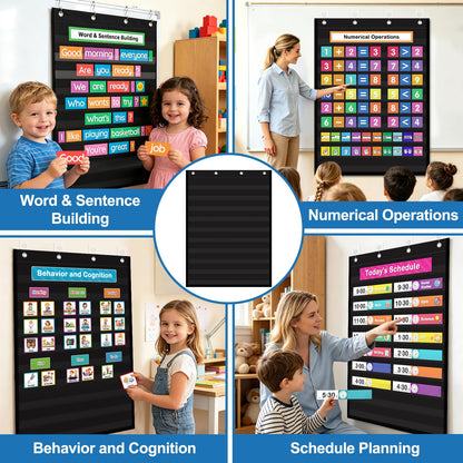 AUVCAS Standard Pocket Chart for Classroom & Homeschool, Heavy Duty Hanging 10-Pocket Chart for Word Wall/Letter Cards/Sentence Strips, Teacher Supplies, 43" H x 28" W, Black