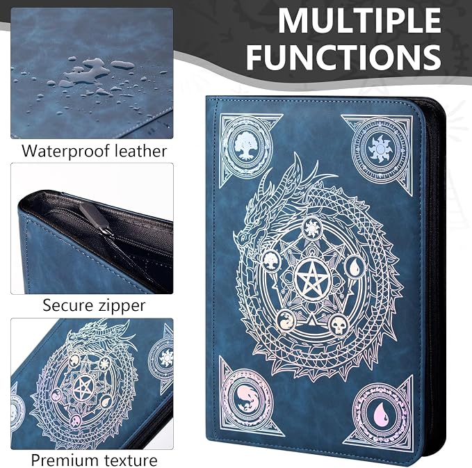 Trading card binder,Ringless Zip laser foiling Binder,540 Double Sided Pocket Collectible Trading Card Albums for YGO,MTG, DTCG,Sport Card, Game Cards (MTG Blue)