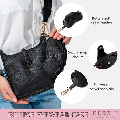 KEDZIE Eclipse Eyewear Case Unisex Vegan Leather Eyeglass Case Pouch with Snap Closure - Black