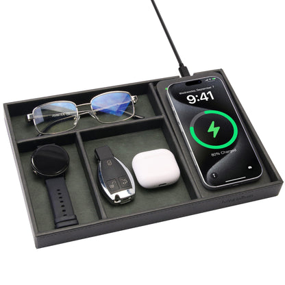 Valet Tray, Built in Wireless Charging Pad, Nightstand Organizer, Two-Toned Premium Vegan Leather Desk Bedside Caddy Organizer Tray for Keys, Watch, Wallet, Jewelry (Black+Green)