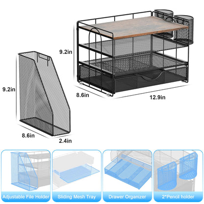 gianotter Desk Organizers and Accessories with File Holder, 4-Tier Desk Accessories & Workspace Organizers with Drawer and 2 Pen Holder, Paper Organizer for Office Supplies (Wood)