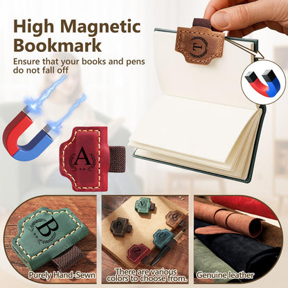 Custom Bygone Mark Bookmark with Pen Holder, 26 Letters Name Initial Personalized Magnetic Leather Bookmark, Gifts for Book Lovers, Readers, Travelers, Leather Book Marks (Blue, I)