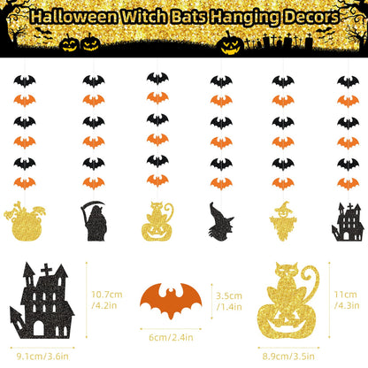 SHERONV Halloween Party Decorations, Black Gold Glitter Happy Halloween Banner, Pumpkin Ghost Bats Decorations, Hanging Swirls for Home Office Indoor Outdoor Party Event Decors