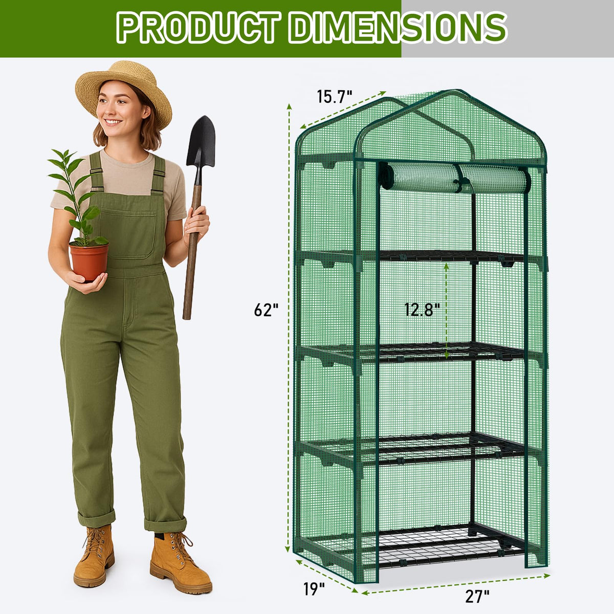 Outvita Mini Greenhouse, Small PE Plant Green House with 4 Tiers Rack, Shelf Clips, Roll-up Zipper Door, Gardening Supplies for Indoor Outdoor Seedling Frost Protection , 27"x19.6"x63" Green