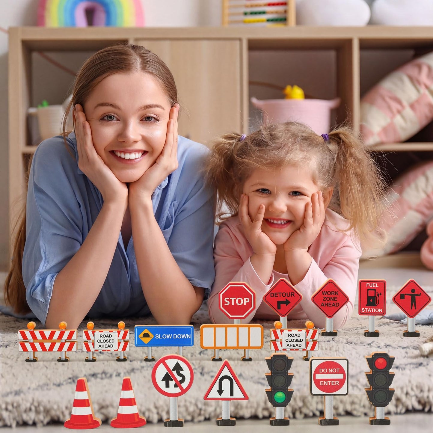 Blosssound Wooden Toys Set for Preschool Classroom - Multicultural Career People Blocks Educational Wooden Play for Kids Learning Toys Play Games Activity Supplies(26 Pcs,Construction Signals)