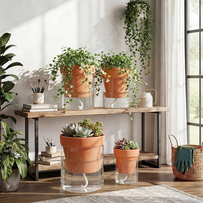 4 Pcs Terracotta Self Watering Pot for Indoor Plants 3in 4in 6in 8in Terracotta Planter with Cylinder Glass Cup and Self-water Pipe for Indoor Plants Herbs Flowers Ivy Outdoor Balconies Kitchen Office