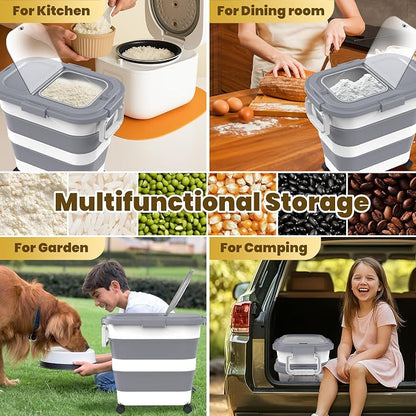 HOYTAMDA 25-35Lbs Rice Container,Collapsible Airtight Food Storage Containers with Wheels,Handle,Rice Storage Container with Small Bin and Scoop,Rice Dispenser for Flour Sugar Cereal Grain Dog Cat