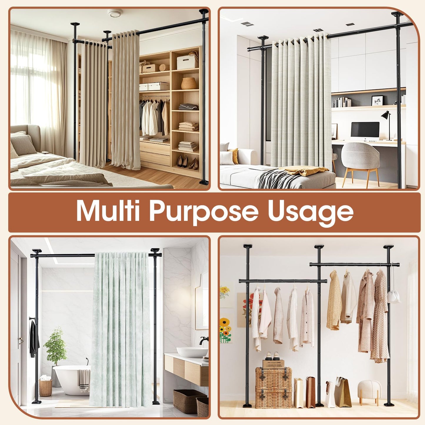 SUNALLY Room Divider Curtain Rod, No Drilling Room Separator for Space Partition Adjustable 4-10ft(H) 28-70inch(W) Heavy Duty Temporary Wall Divider Floor to Ceiling Tension Rod, Black