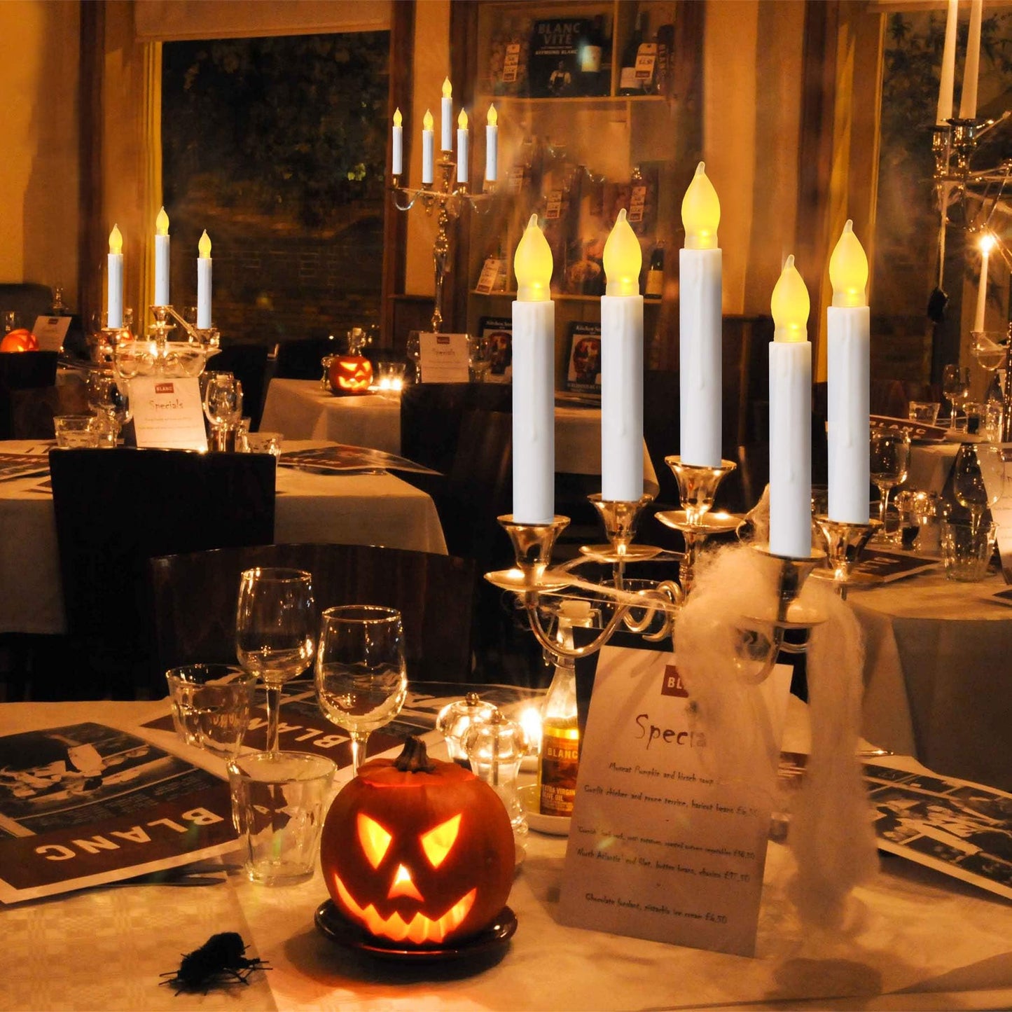 Yakpo 24 Pack Halloween Hanging Floating LED Taper Candles Battery Operated, Flameless Flickering Electric Fake Tapered Candles Bulk for Window Chandelier Christmas Table Home Party Decorations