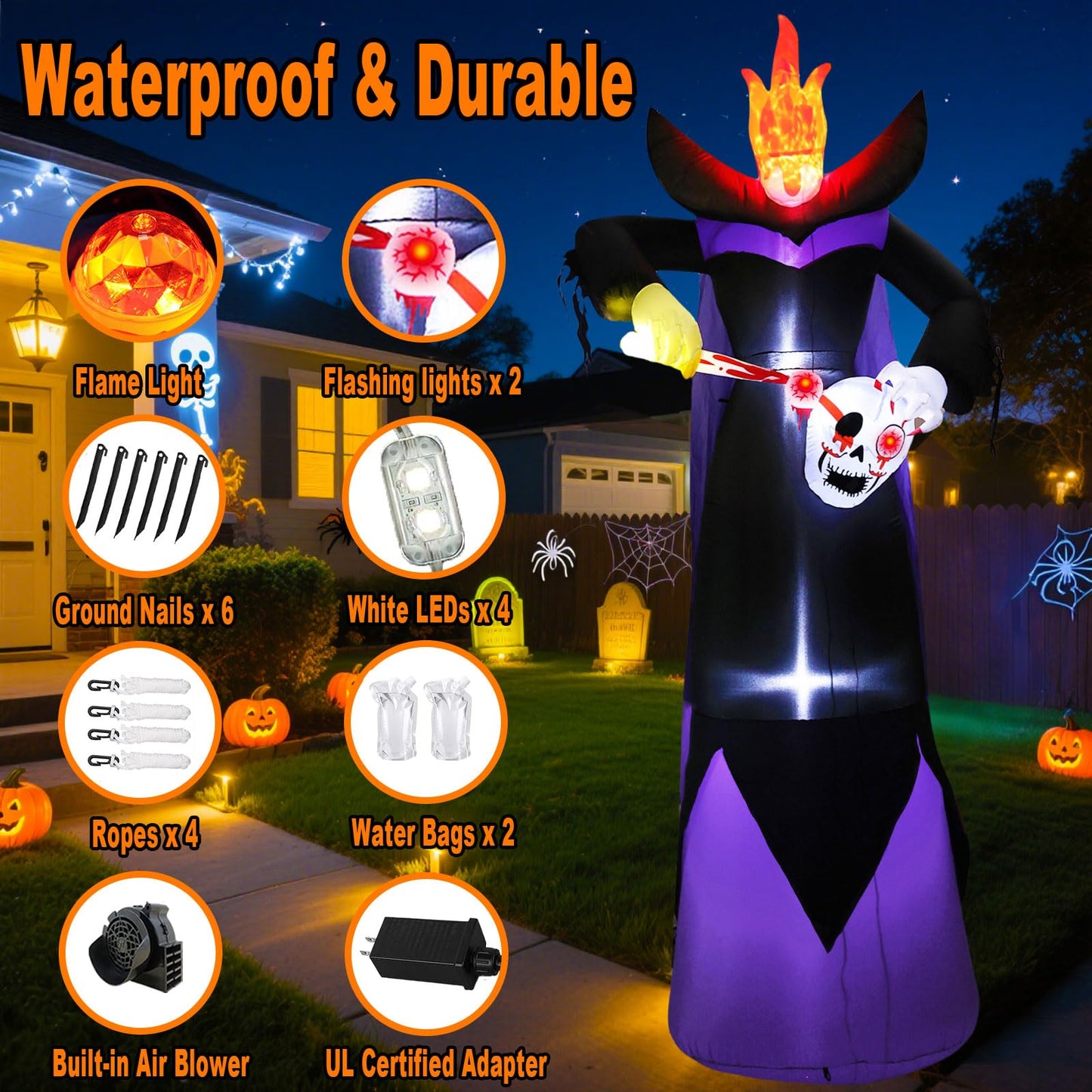 SRKLH 12FT Scary Halloween Inflatables Headless Killer Outdoor Decorations Grim Reaper Holding Skull Dig Out Eyeballs with Flame Light Giant Ghost Blow Up Yard Decoration for Party Garden Lawn Decor