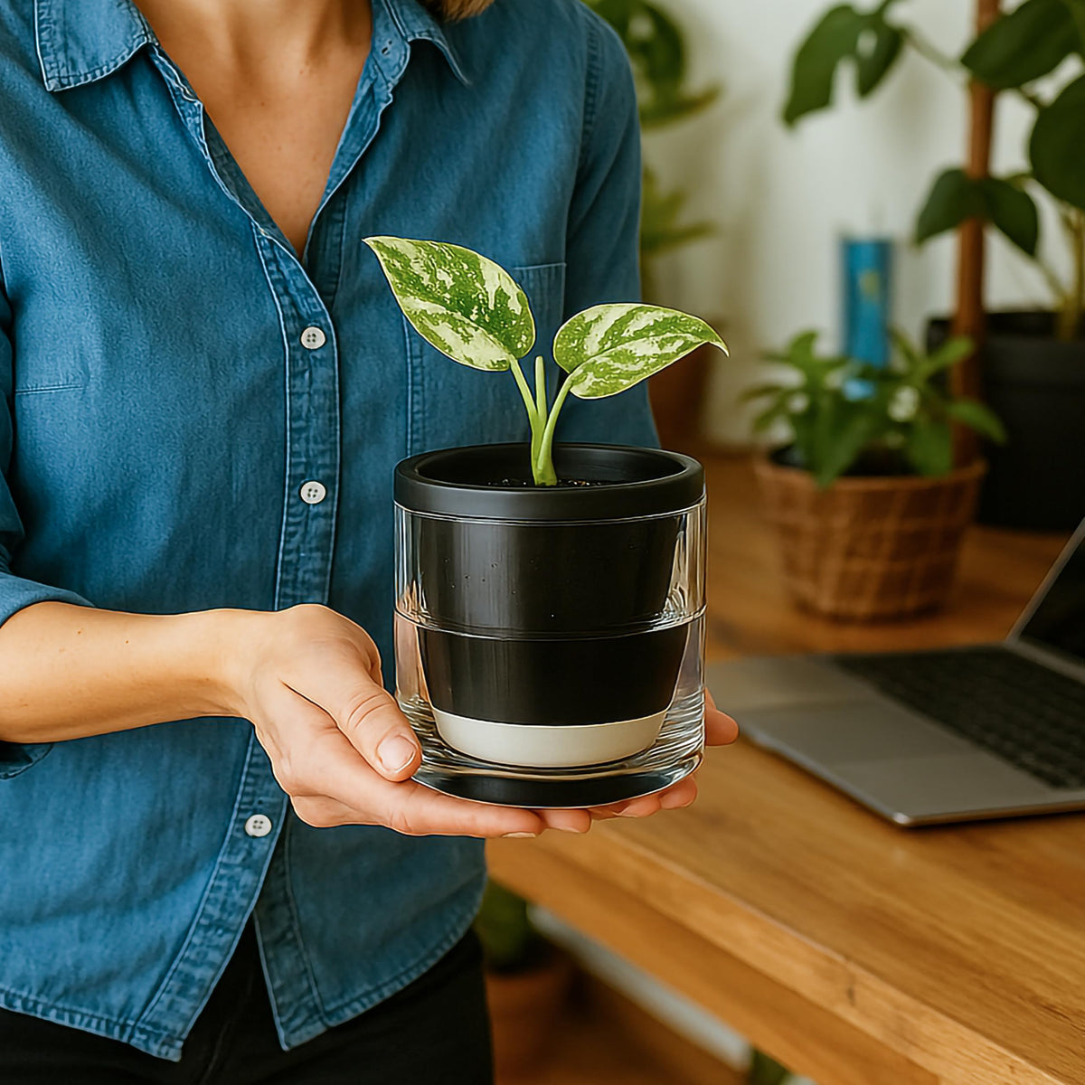 D'vine Dev 4 Inch Design Self Watering Planter for Indoor Plants, Black Terracotta Pot with Cylinder Glass Cup, 37-X-A-3