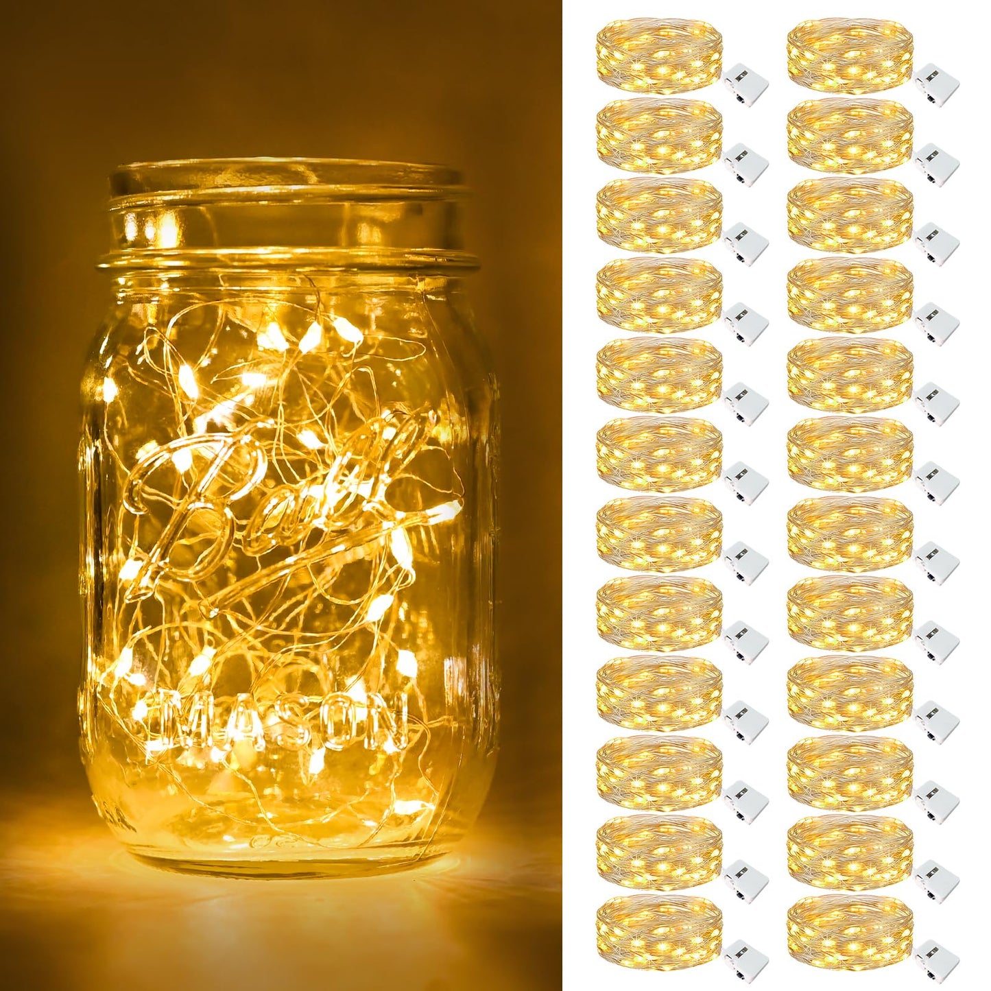 btfarm 24 Pack Fairy Lights Battery Operated [3 Modes], 7ft 20 Led Twinkle Lights String Lights Waterproof Bulk Small Mini Silver Wire for Christmas Mason Jars Wedding Table Centerpiece, Warm White
