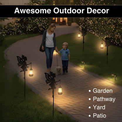 Solar Fairy Garden Accessories Outdoor 1 Pair - Metal Stakes Decorative Figurines Housewarming Ornament for Patio, Lawn, Yard, Pathway - Unique Gift Ideas for Mom Grandma (Warm Lighting)