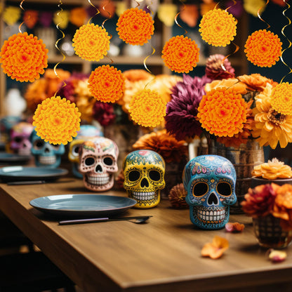 Trandraft 36 Pcs Marigold Flower Diwali Decorations Day of The Dead Dia De Los Muertos Marigold Flower Decorations Hanging Streams Swirls for Home Pooja Indian Varalakshmi Altar Ofrenda Decor