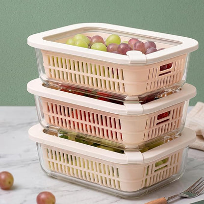 Urban Green Glass Food Storage Containers with Glass Lids, Microwave Safe Food Container Set, Aitight Meal Prep Container Set, BPA Free, 3 extra Colanders, LeakProof, 3 Pack of 35oz